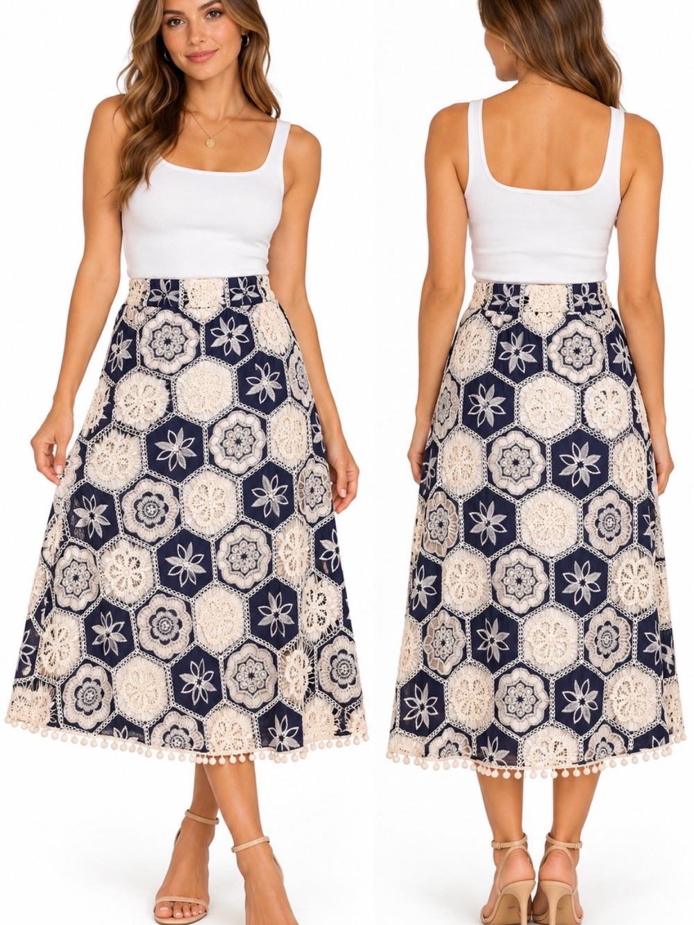 Mello Day Navy Ivory Embroidered Crochet Lace Midi Skirt L NWT